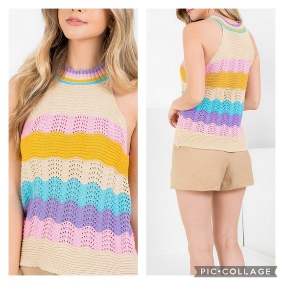 THML Springton Rainbow Crochet Knit Halter Sweater NWT L - Picture 1 of 16